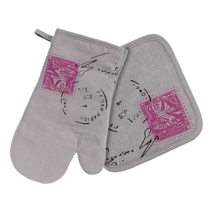 Konyhai kesztyű és törlőkendő készlet, Bélyegző minta, Szürke szín, 2 darab, MYONNA IT & E- COMMERCE ®