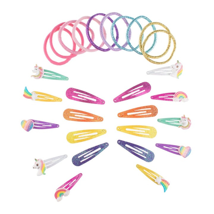 Set accesorii par cu 18 clame cu glitter 5cm & 10 elastice rainbow pentru copii - 28buc