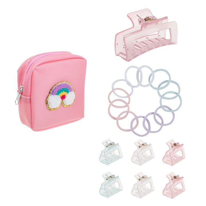 Set geanta roz cu model 3d rainbow cu 7 clamite par & 12 elastice par cu lurex pentru copii - 20buc