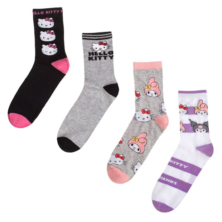Elegáns fekete, szürke, fehér csíkos és Hello Kitty mintás gyerek zokni - 4 pár
