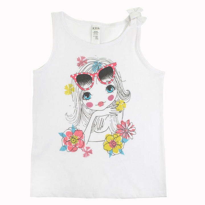 Fehér pamut trikó szemüveges kislány képével, virágokkal és masnival gyerekeknek