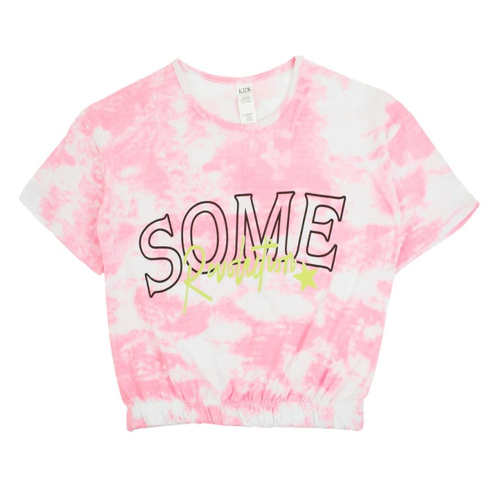 Rózsaszín batikolt pamut póló ezüst fóliával és gumival, "some revolution" gyereknek