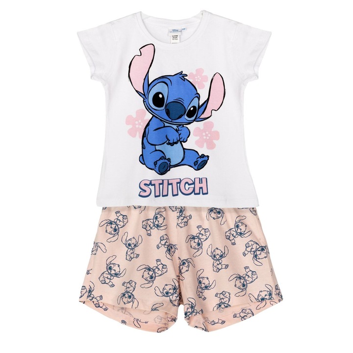 Set pijama din bumbac somon alb stitch pentru copii