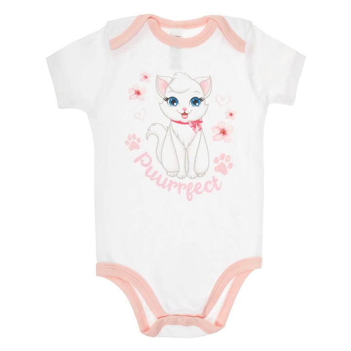 Памучно боди за бебета, бяло с розови детайли, котешки мотив, 50-62 см