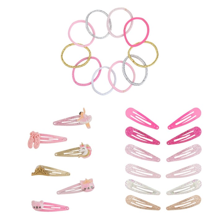 Set accesorii par cu 18 clame colorate cu glitter diferite modele & 10 elastice pentru copii - 28buc