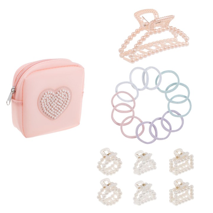 Set geanta roz cu model inima margele 7 clamite de par & 12 elastice cu lurex pentru copii - 20buc