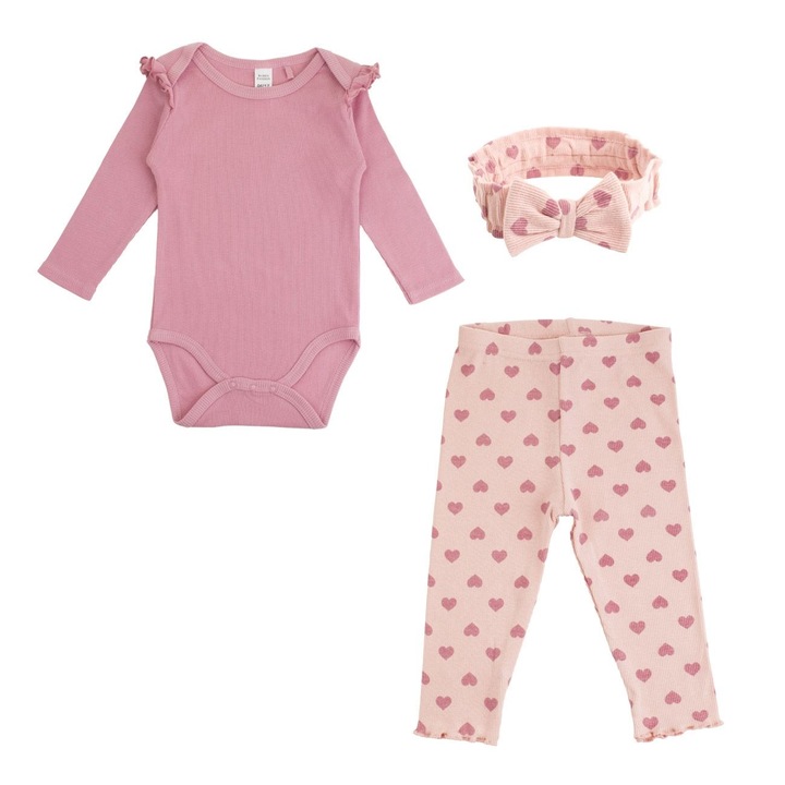 Set 3 piese din bumbac cu body colanti & panglica par roz somon & model inimi pentru bebelusi