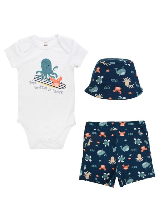 Set 3 piese din bumbac cu body pantaloni scurti & palarie bleu cu model caracatita pentru bebelusi