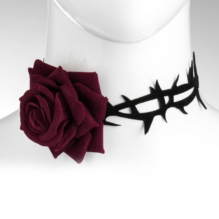Accesoriu de deghizare colier chocker cu trandafir & spini negru catifelati