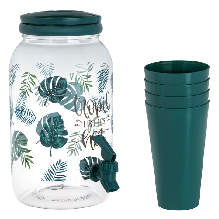 Dozator Bauturi Transparent cu Model Frunze Tropicale Robinet & 4 Pahare din Plastic 3.8L