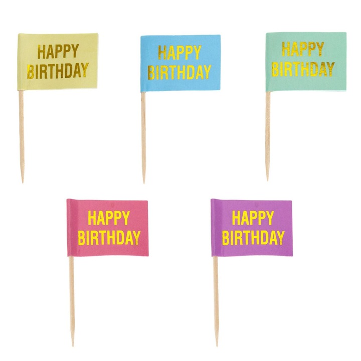 Клечки за зъби за парти с пастелно оцветени знаменца и фолио „Честит рожден ден“ 7 см - 18 бр.