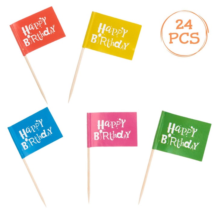 Клечки за зъби, За парти, Знаменца "happy birthday", Многоцветни, 6.5 см, 18 бр
