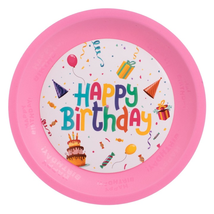 Rózsaszín Újrafelhasználható Műanyag Party Tányér "Happy Birthday" Ø21cm