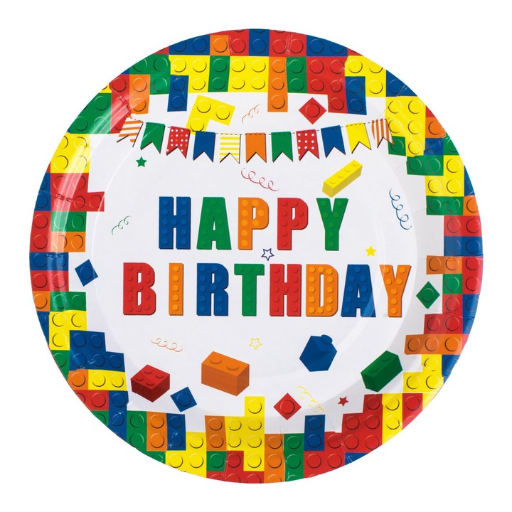 Farfurii de petrecere din carton alb caramizi colorate happy birthday ø18cm - 10buc