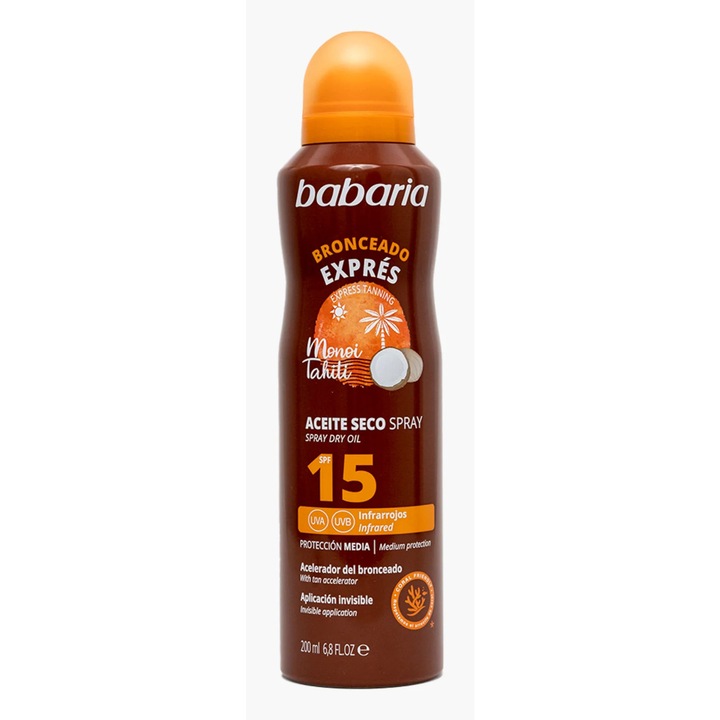 Ulei uscat tip spray cu accelerator de bronzare, SPF15, protectie UVA, UVB & infrarosu, Express Tanning Monoi Tahiti, Babaria, 200 ml