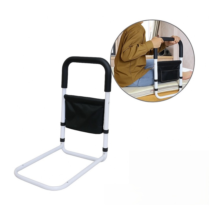 Cadru de sprijin pentru pat, cu maner ergonomic si buzunar lateral, pentru varstnici si persoane cu mobilitate redusa, stabil si usor de instalat