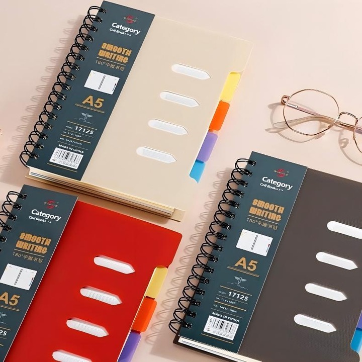 Caiet Spiralat cu Separatoare PP - Caiet Notite, Agenda, Organizator - Bej - Hartie 80g, Rezistent la Apa