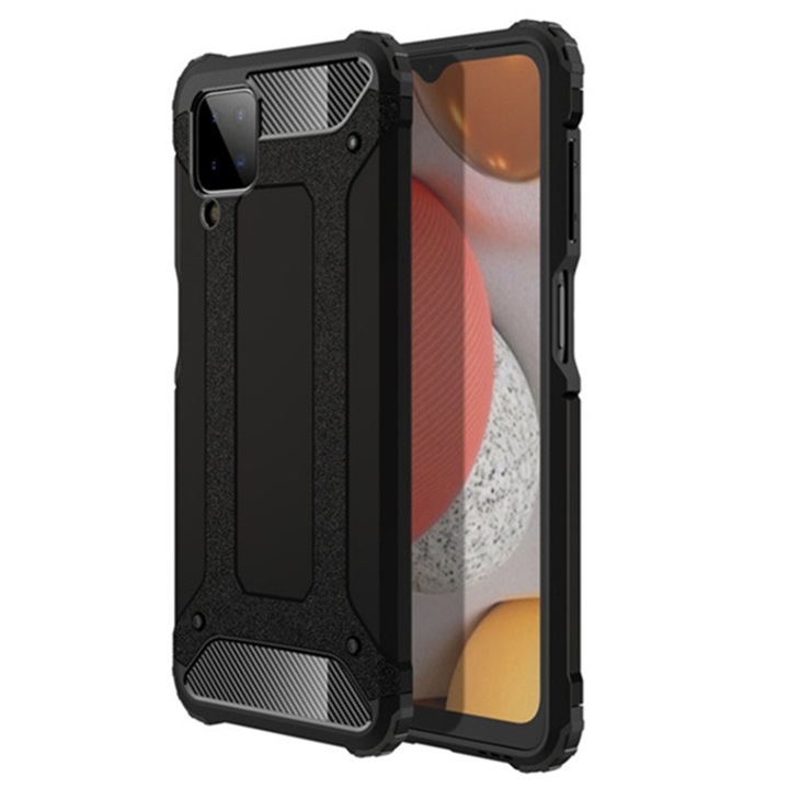 Husa pentru Samsung Galaxy A12 / Galaxy A12 Nacho, SKYDDAR INNOVATION, Hybrid Armor, din Plastic Dur, Margini Cauciucate, Antisoc, set cu sticker, Negru