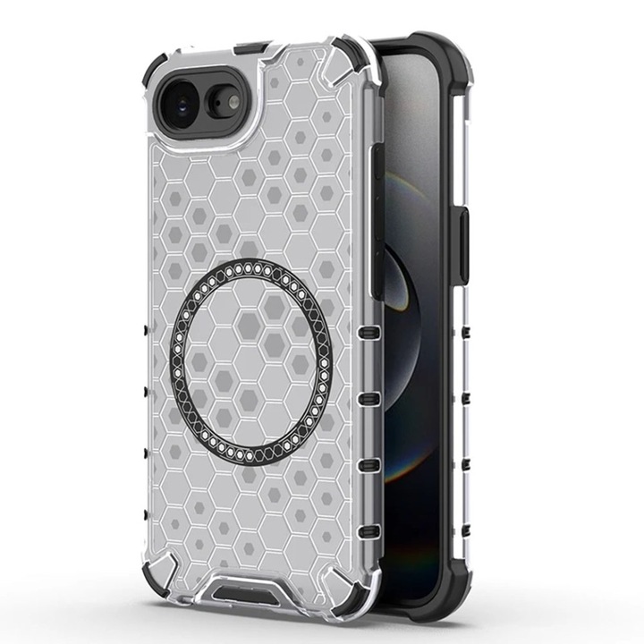 Husa pentru iPhone 16e, SKYDDAR INNOVATION, HoneyComb Shield MagSafe, Alb, set cu sticker