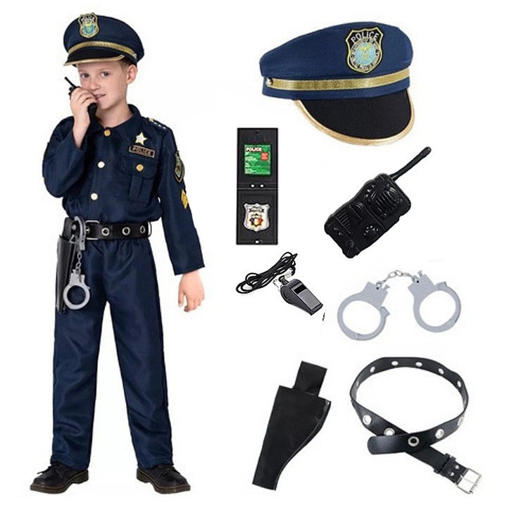 Rendőrségi játékkészlet gyerekeknek, Axroad Mall, Rendőr jelmezzel, sapkával, síppal, bilinccsel, övvel, fegyvertartóval, személyi igazolvánnyal és adó-vevővel, Realisztikus megjelenés, Kiváló minőségű kidolgozás, Poliészter, XL, Sötétkék