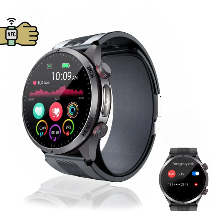 Smartwatch OnXsmart Health Pro – ECG, asistent vocal AI, tensiune cu airbag, glicemie non-invaziva, oxigen, puls, temperatura, grasimi, apel Bluetooth, NFC, AMOLED, control camera, meteo, autonomie 10 zile, notificari aplicatii, NEGRU