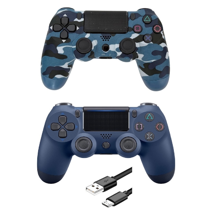 2 db vezeték nélküli DoubleShock kontroller készlet, PS4-gyel kompatibilis, PS-TV-vel és PS Now-val, rezgésekkel, töltőkábel mellékelve, katonai kék és sötétkék színben, HAPPY JOKER®