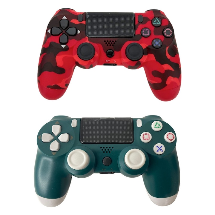 2 db vezeték nélküli DoubleShock kontroller készlet, PS4, kompatibilis, PS-TV és PS Now, rezgésekkel, töltőkábel mellékelve, katonapiros és zöld, HAPPY JOKER®