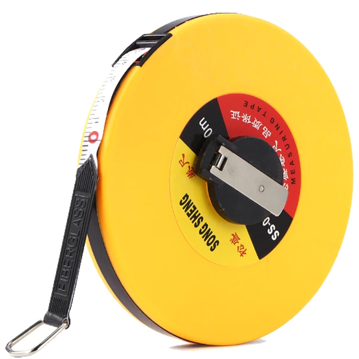 Ruleta, 30 M, Galbena, Fabricata Din Fibra De Sticla, Carlig La Capatul Ruletei, Scara Metrica Si In Inch