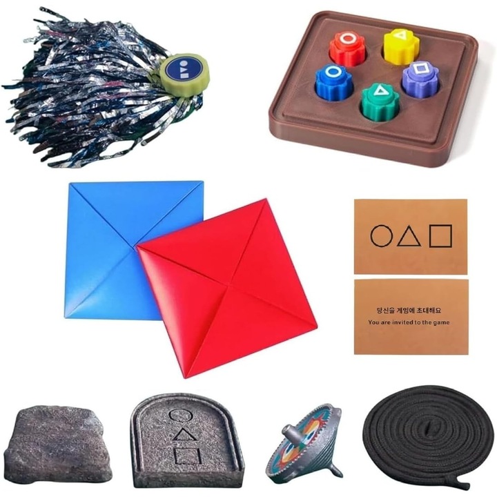 Комплект от 5 корейски игри от Squid Game: Gonggi, Paeng-y, Ddakji, Biseokchigi, Jebi Kicks