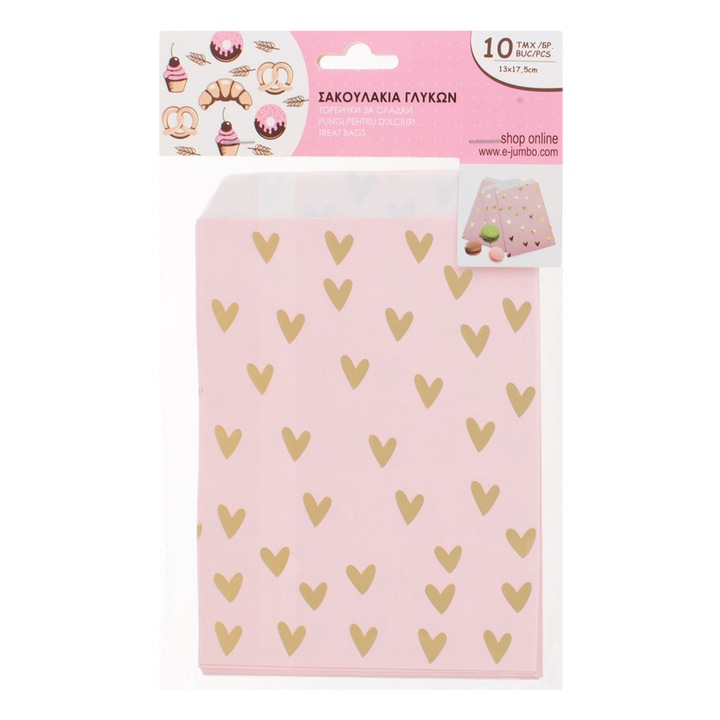 Rózsaszín papírzacskók aranyfóliával és szívekkel édességeknek 13x17,5 cm - 10 db