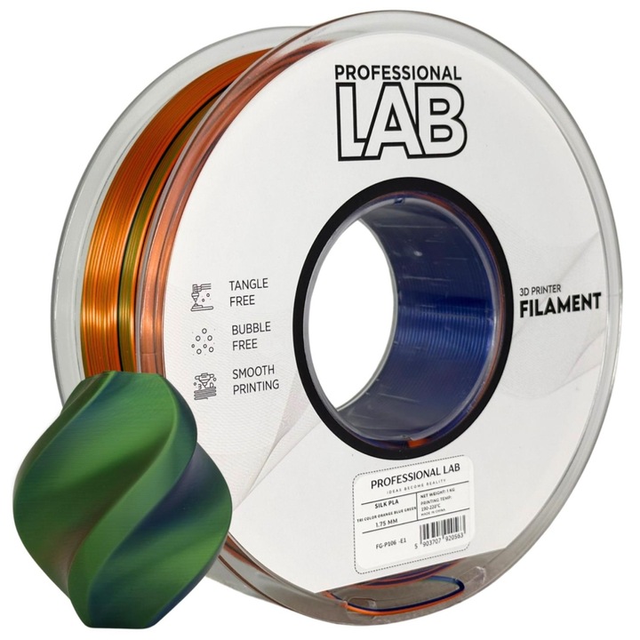 Filament Profesional LAB Silk PLA Tricolor Portocaliu Albastru Verde 1.75 mm 1 kg