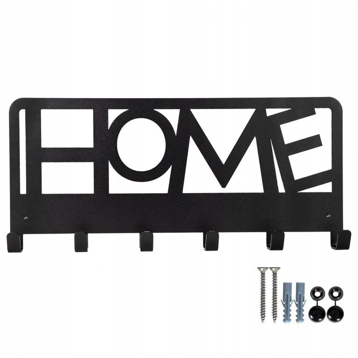 Suport De Perete Cu Sase Carlige, Acasa, Geometric, Material: Metal, Culoare: Negru Mat, Numar Carlige: 6, Montaj: Set De Montaj Inclus, 40 x 16 cm, Negru