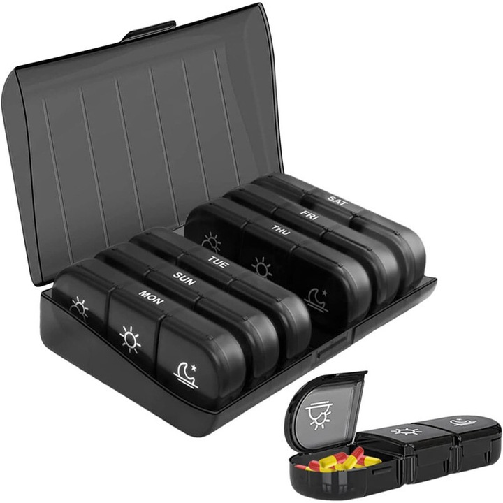 Organizator pastile ZTMAKYLH 7 compartimente, Contine vitamine, medicamente, suplimente si ulei de peste, recipient detasabil, negru 15.6x12x4 cm