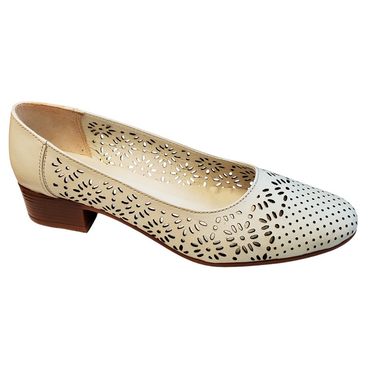 Pantofi Dama Verzi Cu Toc Mic Din Piele Naturala Perforata – Toc 3,5cm, Crem