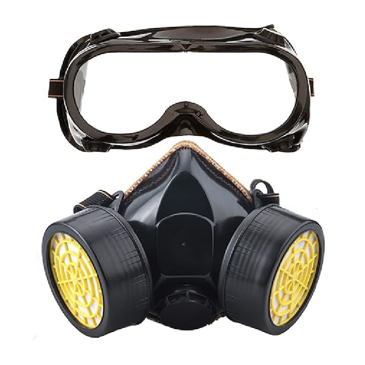 Set Ochelari si Masca de Protectie Profesionala SUPER TRENDS®, Pentru Lucrul in Mediu Chimic, 2 Filtre de Carbon Activ, Protectie Impotriva Vaporilor, Vopselei sau Prafului, Negru