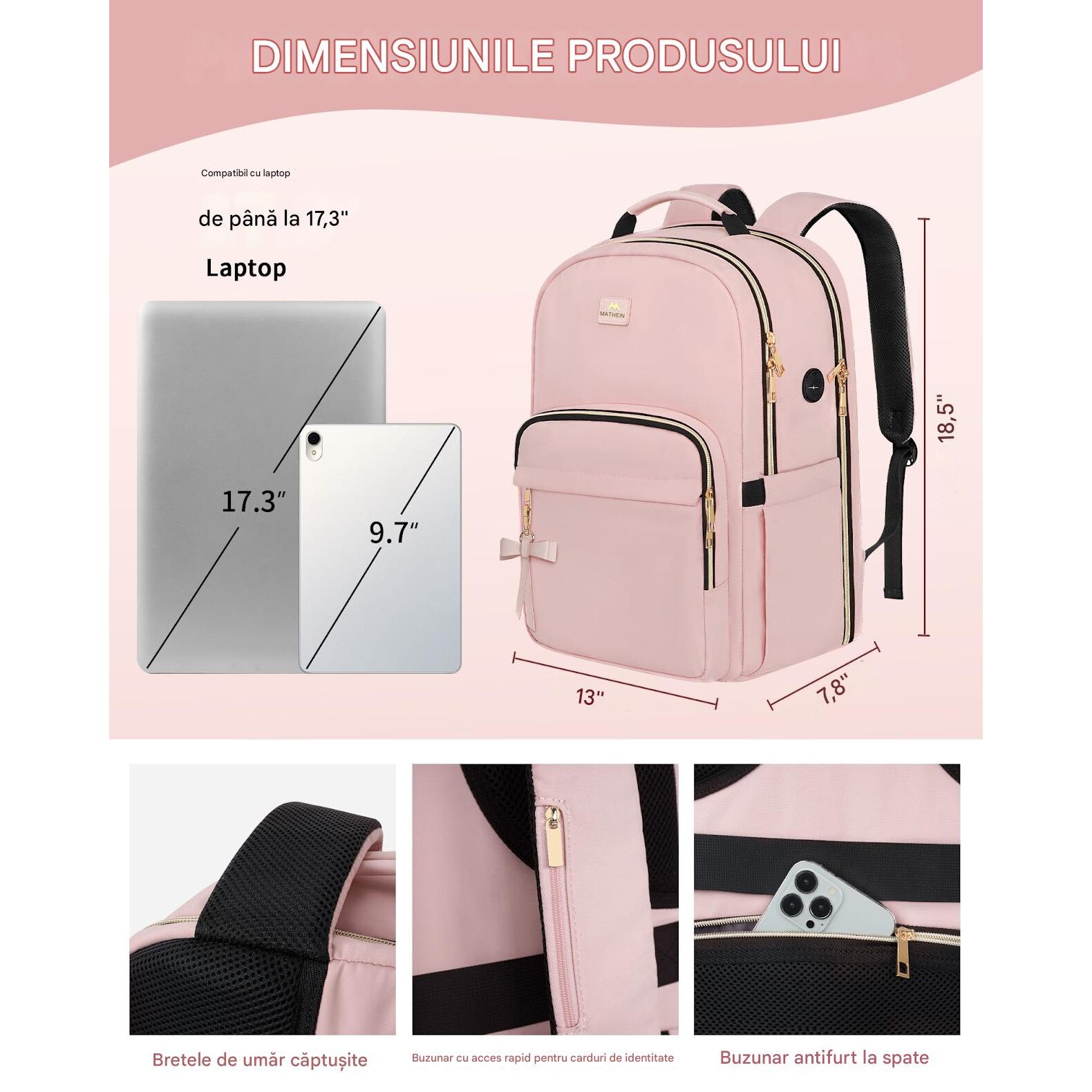 Geanta pentru laptop de 15.6 inch pentru femei Rucsacuri Matein 1367 Roz