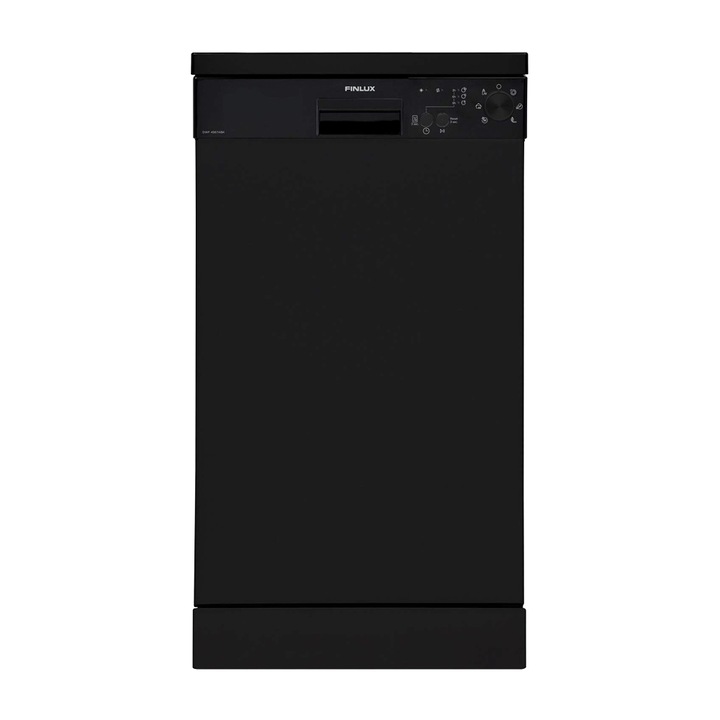 Finlux DWF 4567ABK тънка съдомиялна машина, Отложен старт, ECO програма, 10 комплекта, 6 програми, Клас E, Черна