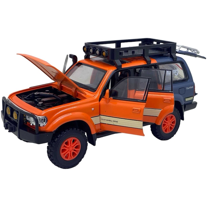 Метален модел реплика на Toyota Land Cruiser офроуд със светлини и звуци, оранжев със син