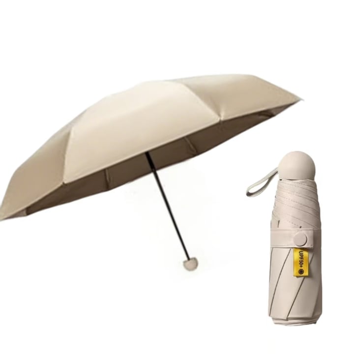 Mini umbrela, Umbrela compacta mini pliabila rezistenta la vant si impermeabila pentru femei / barbati, protectie UV de soare, usoara pentru ploaie in aer liber / soare, dimensiune pliata 18cm, Bej