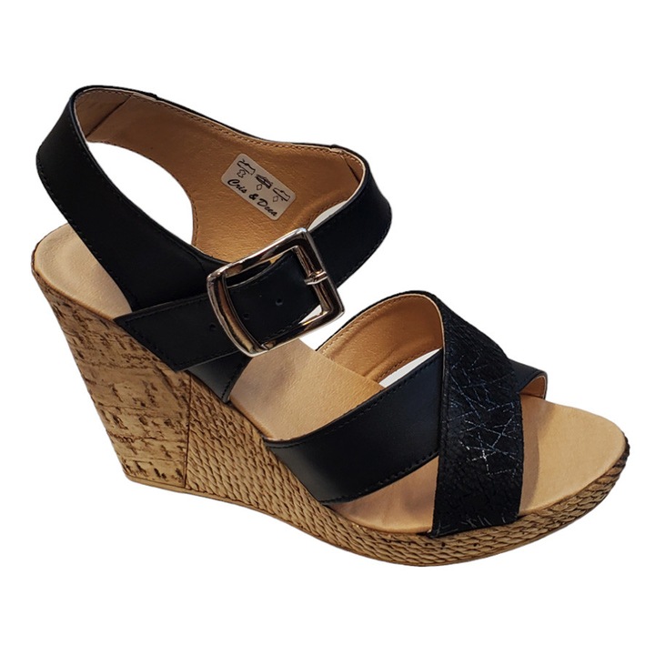 Sandale Dama Cu Platforma Crem Din Piele Naturala Toc 10cm, Negru