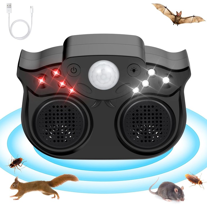 Aparat profesional cu ultrasunete cu 2 difuzoare duble, 8 lumini intermitente, 3 moduri functionare, raza 320 MP, frecventa 20kHz-65kHz, senzor inteligent, anti rozatoare, anti sobolani, anti insecte, OUYLAF, Negru