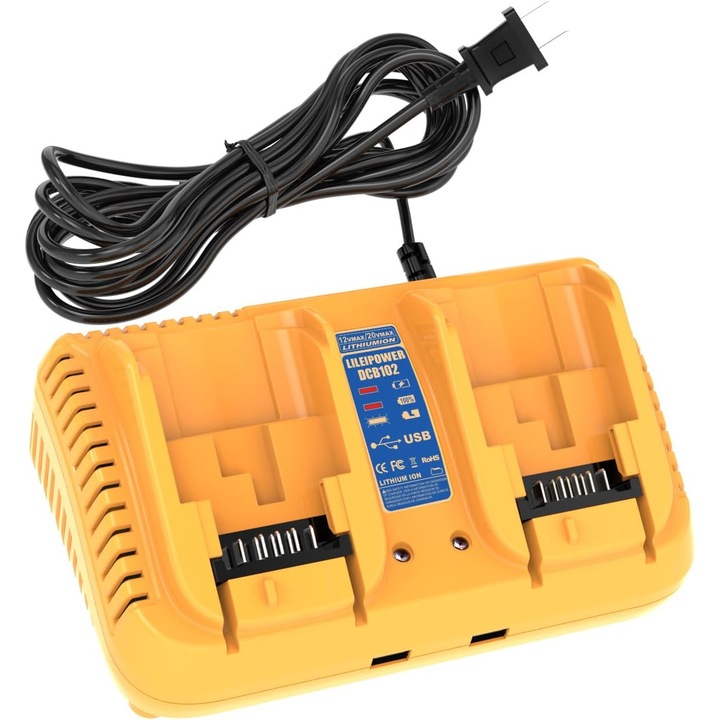 Incarcator baterii pentru Dewalt DCB102, incarcator dublu 12V/20V Li-ion 3.0A cu USB 5V/2.1A, compatibil DCB120/DCB124/DCB127/DCB104 etc., galben, cod 0807BM-BST4024545