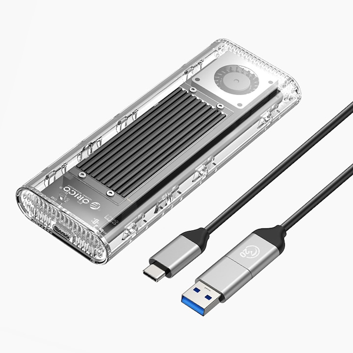 Carcasa pentru hard disk Orico TCM2-G20 M.2 NVMe USB-C 3.2 20Gb/s, argintie-transparenta, 141x53x19mm, set cu cablu USB-C/USB-A
