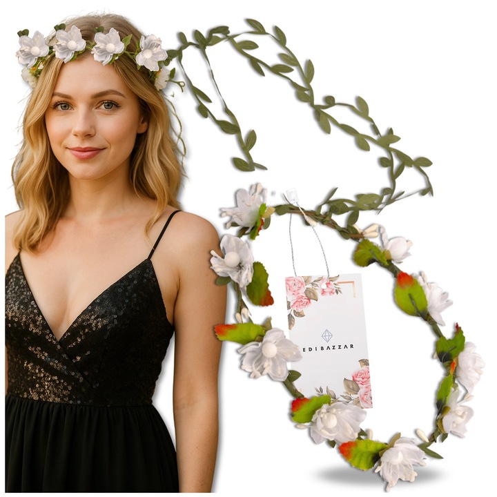 Coroana florala boho alba EDIBAZZAR - Accesoriu par nunta, botez, sedinte foto - Design delicat, flori artificiale de calitate, ajustabila, stil romantic - Perfecta pentru mirese, domnisoare de onoare, festivaluri