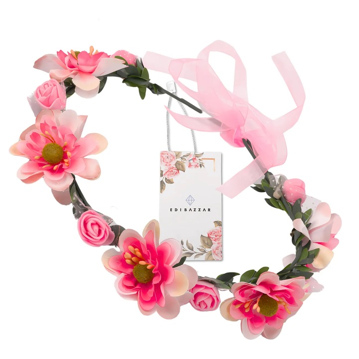 Coroana florala, Edibazzar, boho, roz/alb, ajustabila, 54cm