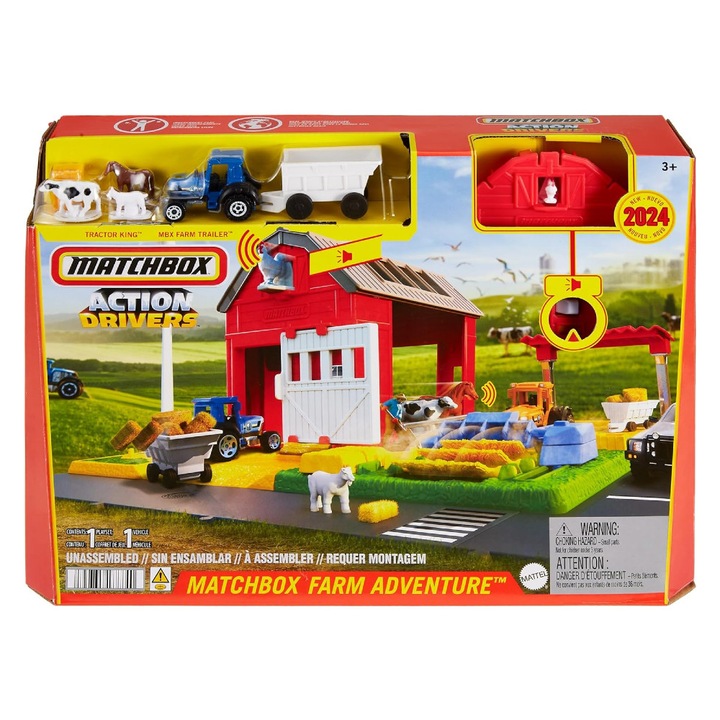 Set tractor cu accesorii Ferma, tractor cu remorca, animale, 1:64, plastic, 3 ani+ Mattel