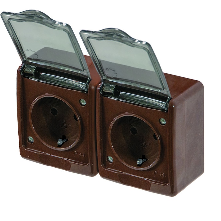Priza Dubla 2xSchuko pentru Exterior IP44 cu Capac Transparent, 2P+E 16A, Montaj Aplicat, Maro, 130x75x48 mm, Pawbol