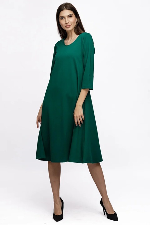 Rochie Eva midi verde A line din tricot de vascoza si decolteu rotund, talie unica