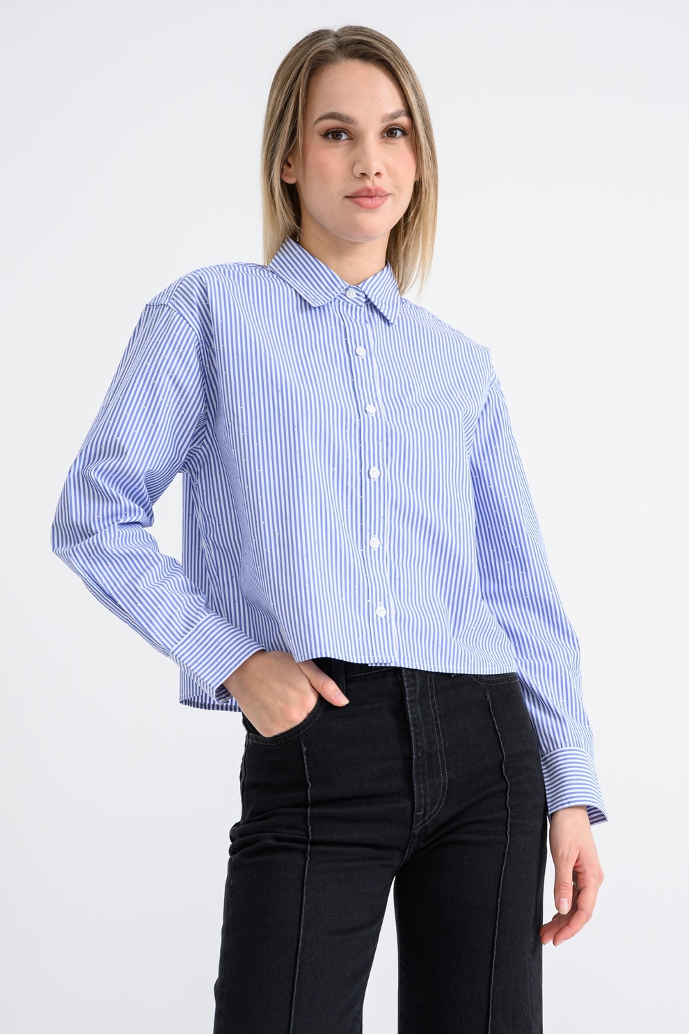 Levi's, Camasa crop din bumbac, Alb, Albastru, S