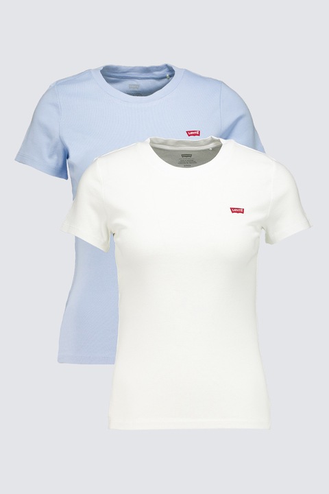 Levi's, Set de tricouri slim fit de bumbac cu decolteu rotund - 2 piese, Alb/Albastru pastel